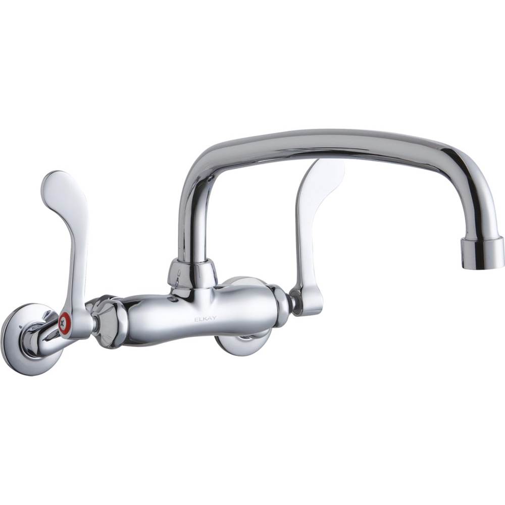 Elkay Foodservice 3-8'' Adjustable Centers Wall Mount Faucet w/12'' Arc Tube Spout 4'' Wristblade Handles 2in Inlet