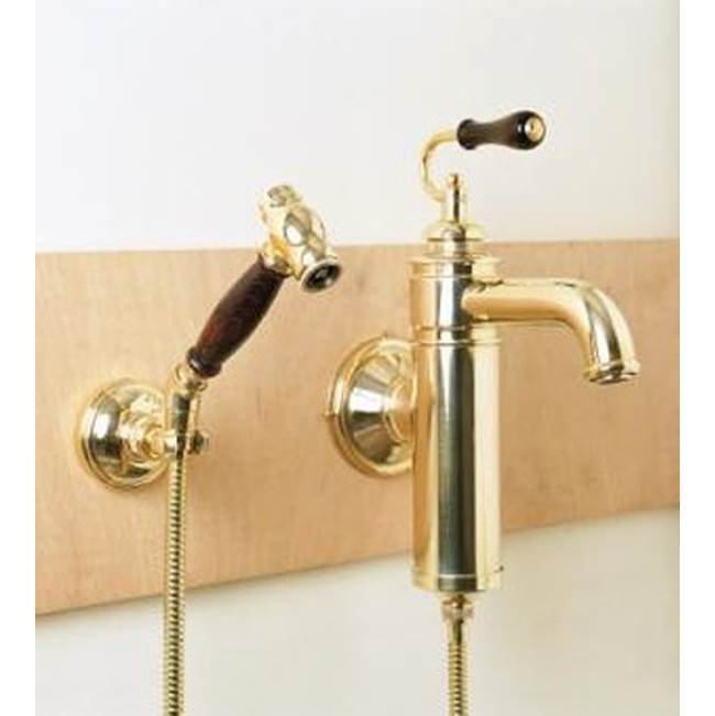 Herbeau ''Estelle'' Wall Mounted Single Lever Mixer with Ceramic Disc Cartridge and Handspray in Wooden Handles, Weathered Brass