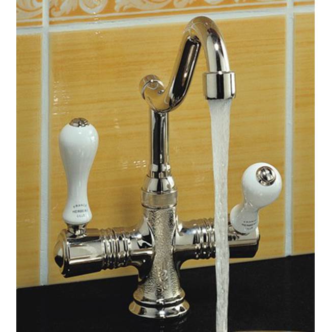 Herbeau ''Namur'' Single-Hole Kitchen / Bar / Lavatory Mixer in White Handles, Antique Lacquered Brass