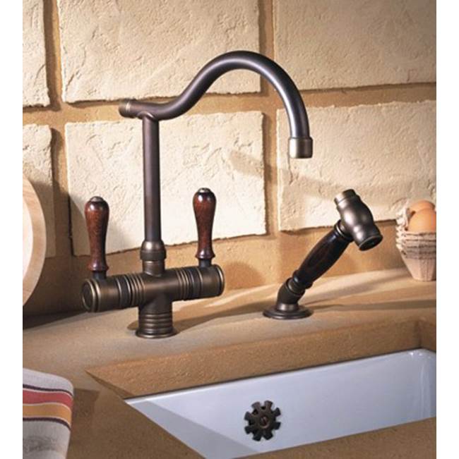 Herbeau ''Valence'' Single-Hole Mixer with Handspray in Wooden Handles, Lacquered Polished Black Nickel