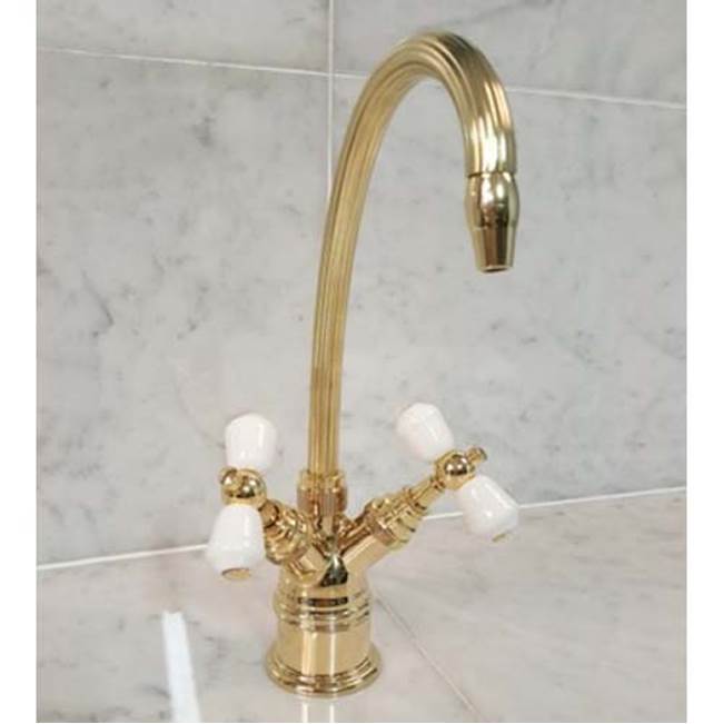 Herbeau ''Verseuse'' Deck Mounted Mixer with White or Handpainted Earthenware Handles in Any Handpainted Finish, Old Gold