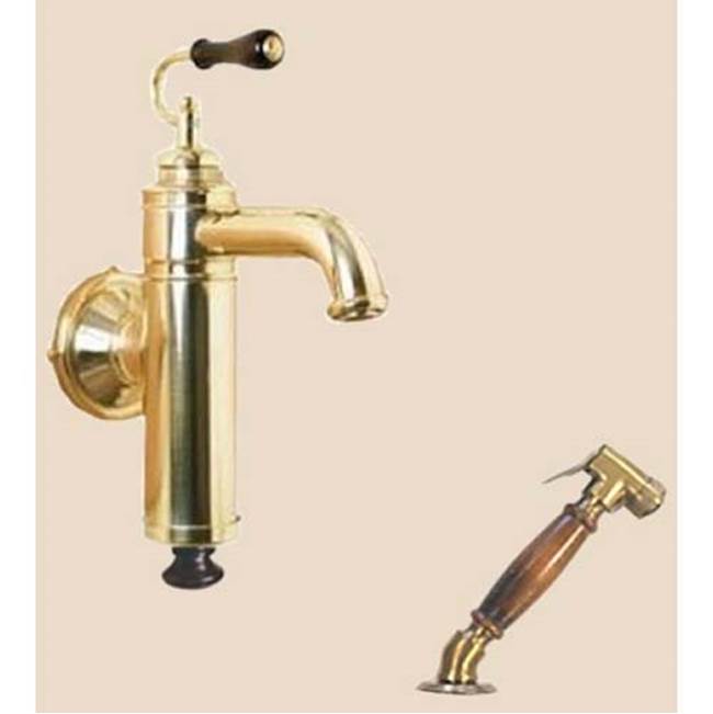 Herbeau ''Estelle'' Wall Mounted Single Lever Mixer with Ceramic Disc Cartridge and Deck Mounted Handspray in White Handles, Polished Brass