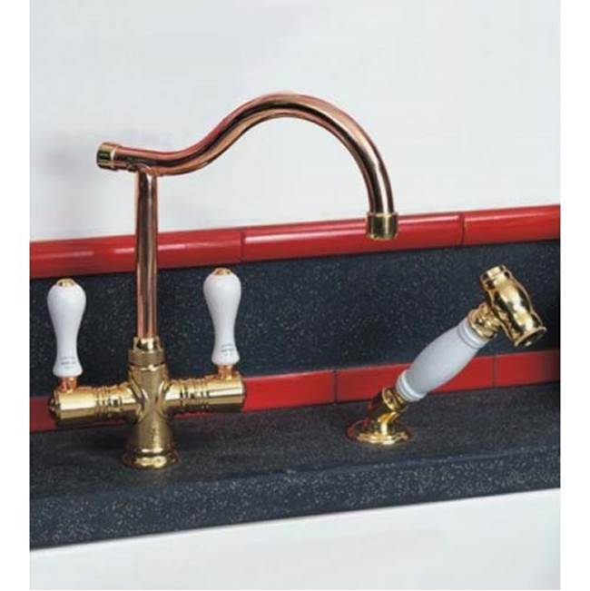 Herbeau ''Ostende'' Single-Hole Mixer with Handspray in Wooden Handles, French Weathered Copper and Brass
