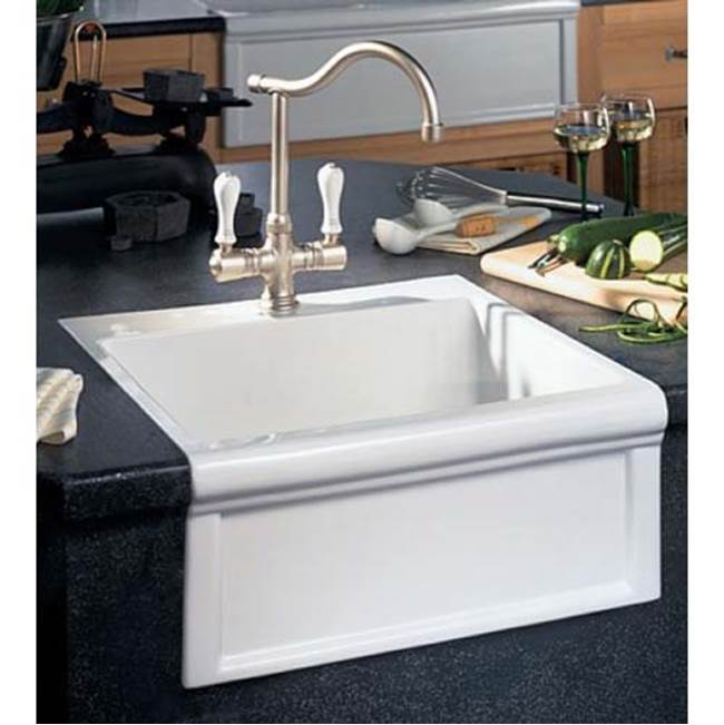 Herbeau ''Petite Luberon'' Fireclay Farmhouse Sink in Vieux Rouen, French Ivory background