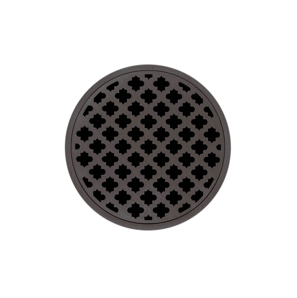 Infinity Drain 5'' Round RMDB 5 Complete Kit with Moor Pattern Decorative Plate in Oil Rubbed Bronze with ABS Bonded Flange Drain Body, 2'', 3'' and 4'' Outlet