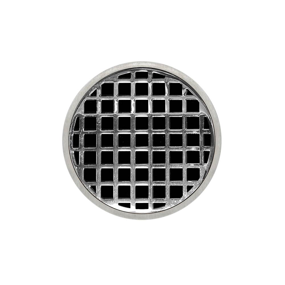 Infinity Drain 5'' Round RQD 5 Complete Kit with Squares Pattern Decorative Plate in Polished Stainless with PVC Drain Body, 2'' Outlet