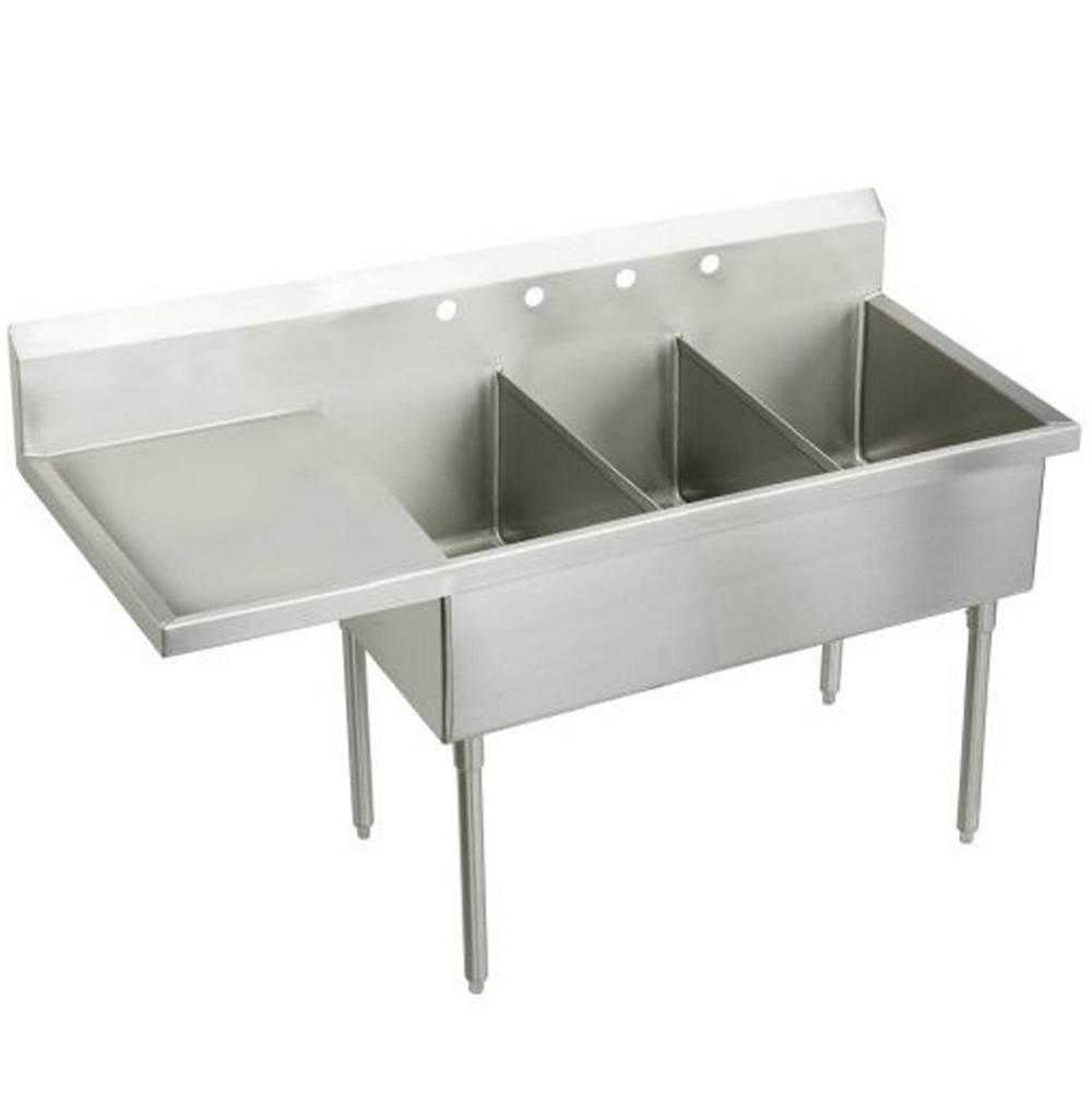 Just Manufacturing Stainless Steel 97-1/2'' x 27-1/2'' x 14'' Floor Mount Triple 2-Hole Scullery Sink  w/L Drainboard Coved cornr