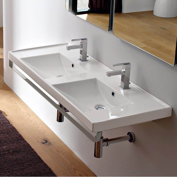 Nameeks Double Basin Wall Mounted Ceramic Sink With Polished Chrome Towel Bar