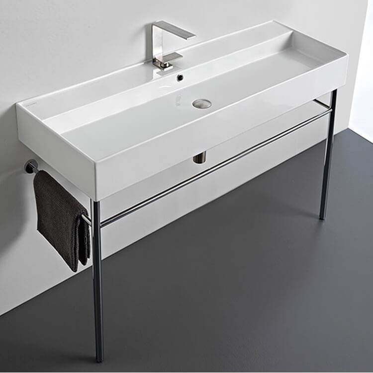 Nameeks Large Rectangular Ceramic Console Sink and Polished Chrome Stand