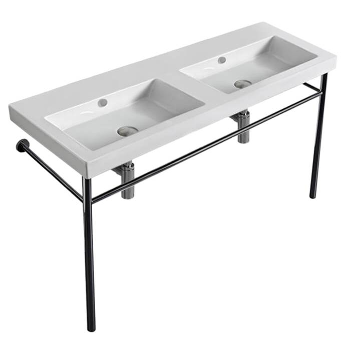 Nameeks Double Basin Ceramic Console Sink and Polished Chrome Stand