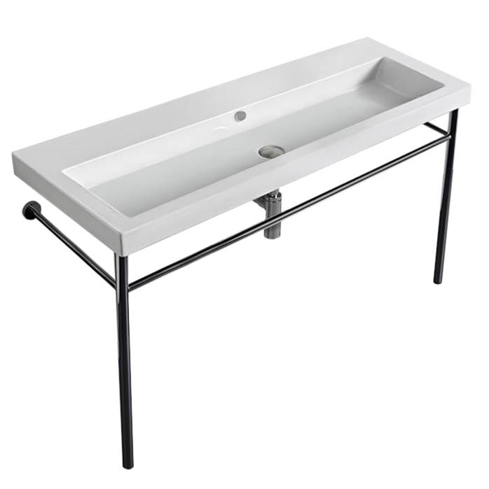 Nameeks Large Double Ceramic Console Sink and Polished Chrome Stand