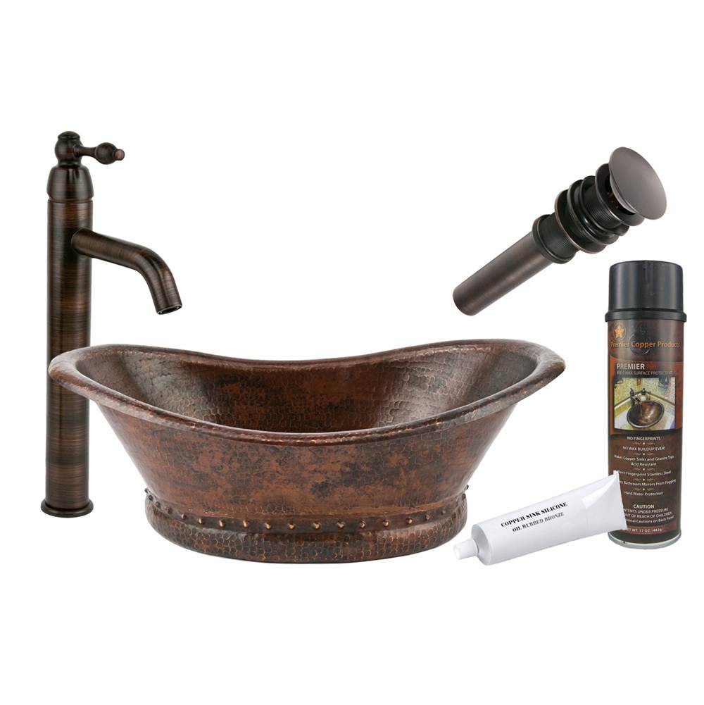 Premier Copper Products Bath Tub Vessel Hammered Copper Sink with ORB Single Handle Vessel Faucet, Matching Drain and Accessories