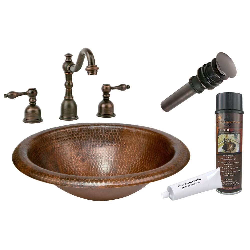 Premier Copper Products Wide Rim Oval Self Rimming Hammered Copper Sink with ORB Widespread Faucet, Matching Drain and Accessories