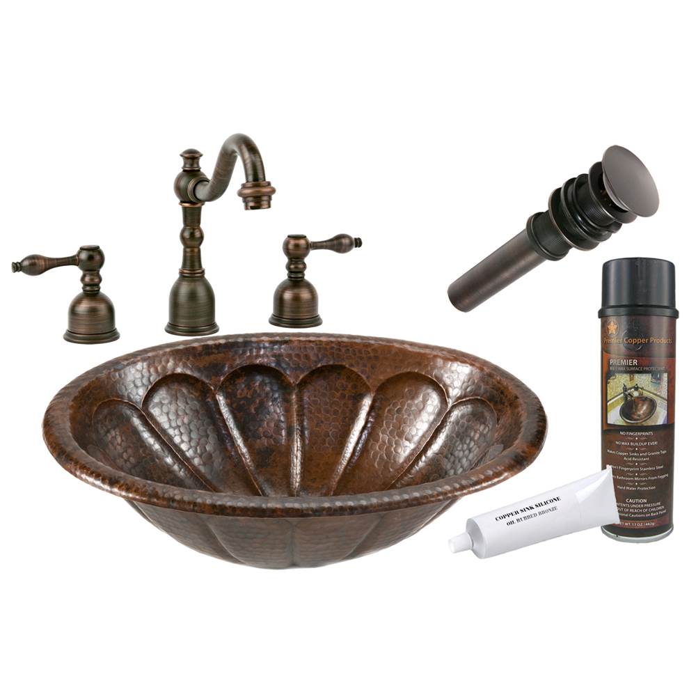 Premier Copper Products Oval Sunburst Self Rimming Hammered Copper Sink with ORB Widespread Faucet, Matching Drain and Accessories