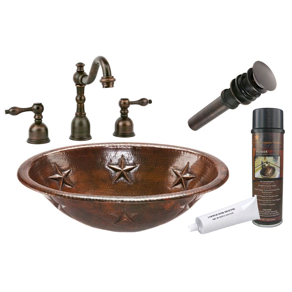 Premier Copper Products Oval Star Self Rimming Hammered Copper Sink with ORB Widespread Faucet, Matching Drain and Accessories
