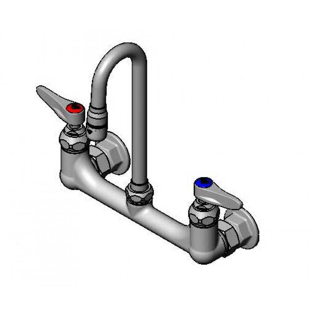 T&S Brass Double Pantry Faucet, Wall Mount, 8'' Centers, S/R Gooseneck w/Aerator, Lever Handles