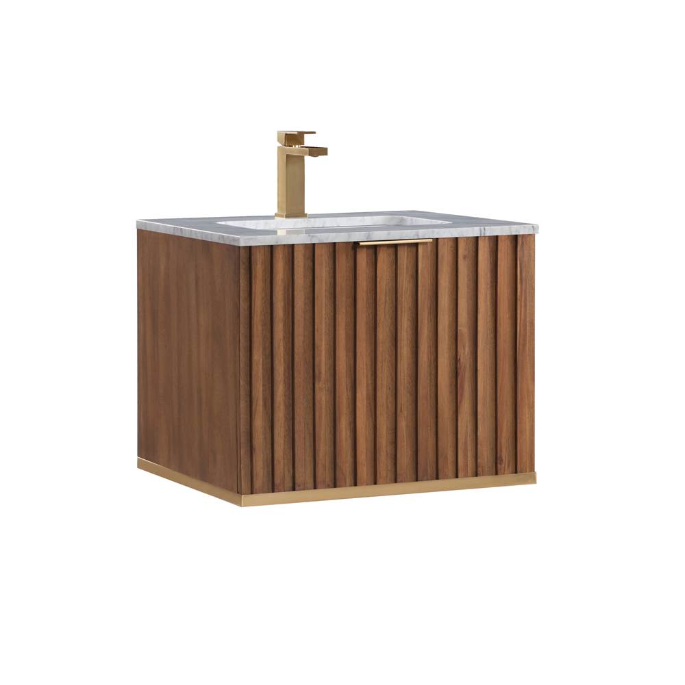 Bemma Design Terra 24'' Wallmount  Bathroom Vanity, Walnut and Satin Brass with Carrara Marble
