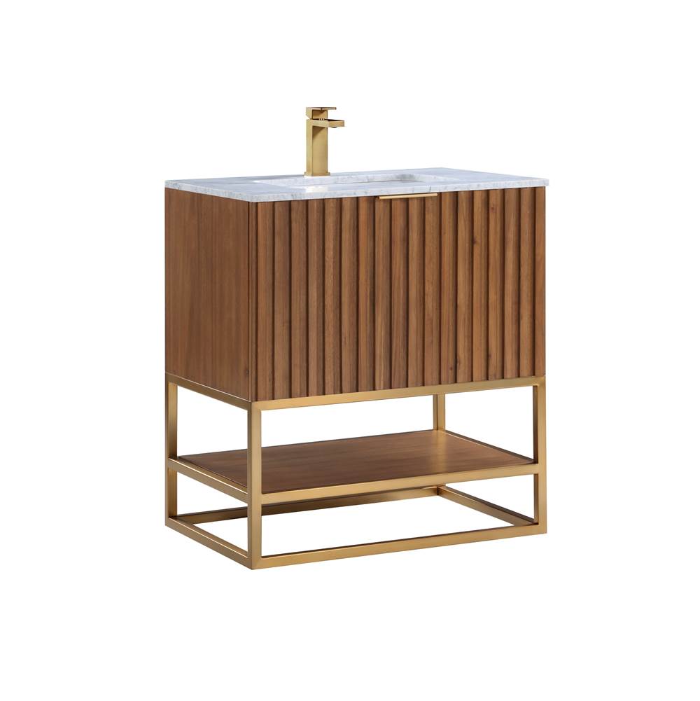 Bemma Design Terra 30'' Bathroom Vanity, Walnut and Satin Brass with Carrara Marble top