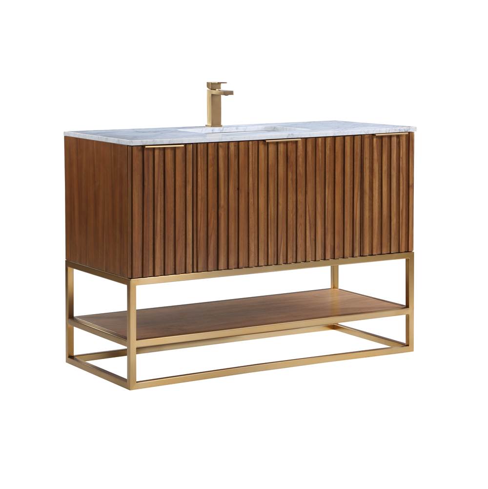 Bemma Design Terra 48'' Bathroom Vanity, Walnut and Satin Brass with Carrara Marble top