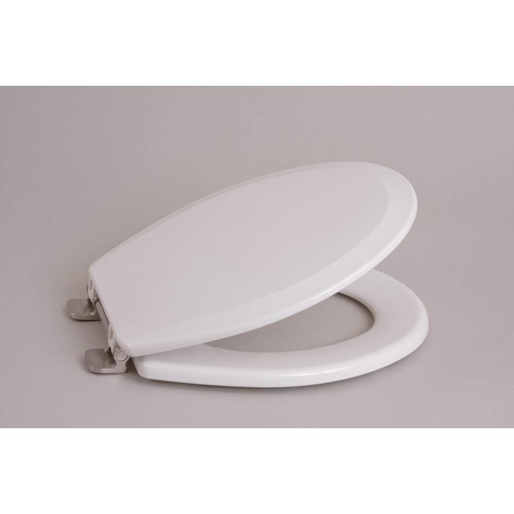 Centoco Deluxe Wood Toilet Seat, Closed Front With Cover, Brushed Nickel Hinges, White, Regular Bowl