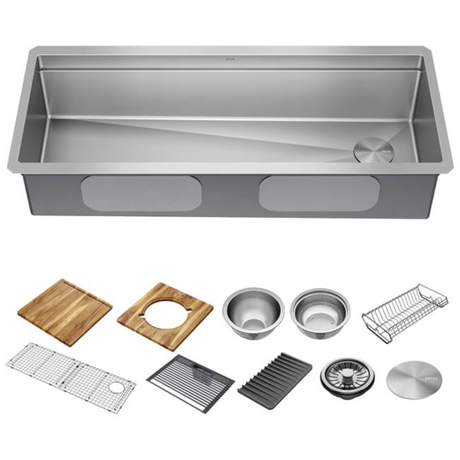 Delta Faucet Delta® Lorelai™ 45'' Workstation Kitchen Sink Undermount 16 Gauge Stainless Steel Single Bowl with 2-Tier WorkFlow™ Ledge and Accessories