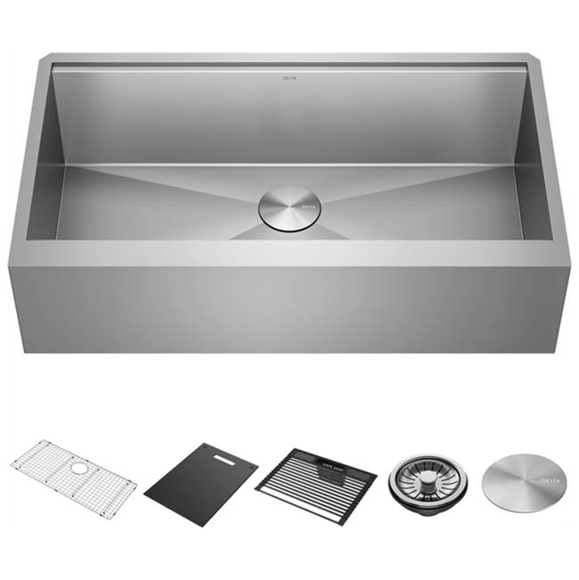Delta Faucet Delta® Rivet™ 36'' Workstation Farmhouse Apron Front Kitchen Sink Undermount 16 Gauge Stainless Steel Single Bowl with WorkFlow™ Ledge and Accessories