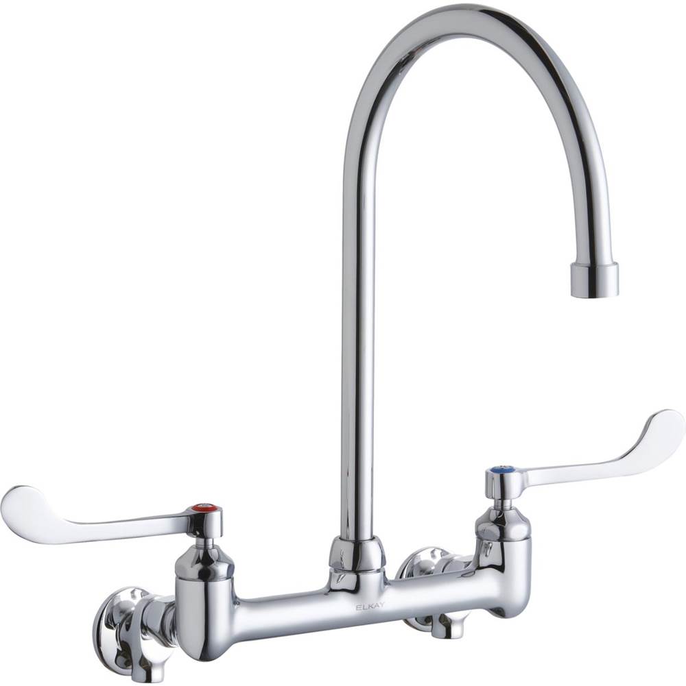 Elkay Scrub/Handwash 8'' Centerset Wall Mount Faucet w/8'' Gooseneck Spout 6'' Wristblade Handle 1/2 Offset InletsPlusStop