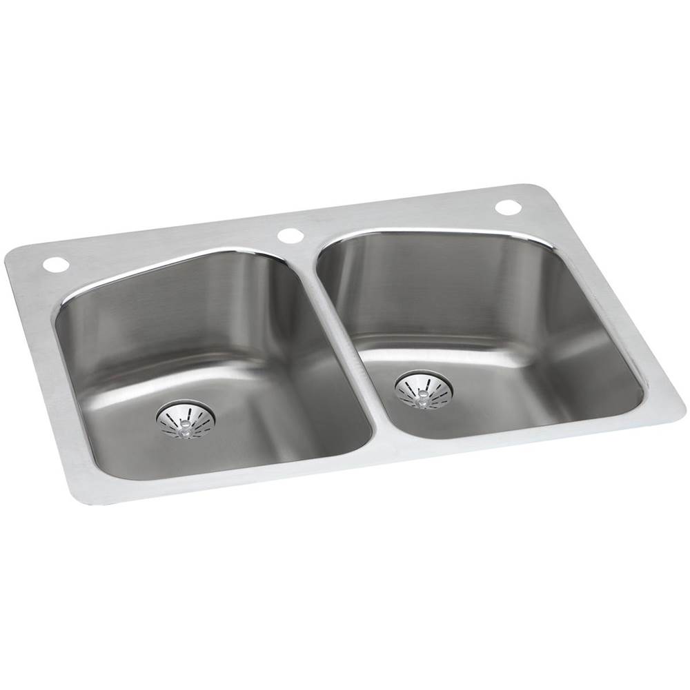 Elkay Lustertone Classic Stainless Steel 33'' x 22'' x 9'', 3-Hole Equal Double Bowl Dual Mount Sink with Perfect Drain