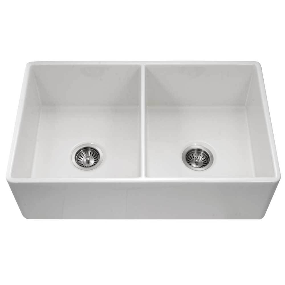 Hamat Apron-Front Fireclay Double Bowl Kitchen Sink, White