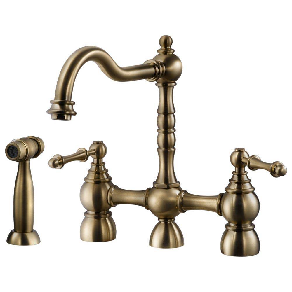 Hamat Two Handle Bridge Faucet with Side Spray in Antique Brass