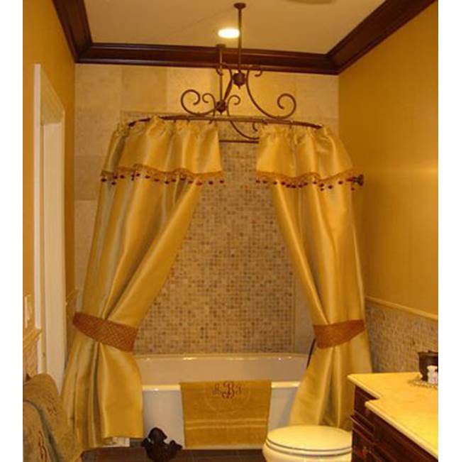 Herbeau ''Art Nouveau'' Shower Curtain Bar with 2 ceiling mount supports and 1 wall mount support in Weathered Brass