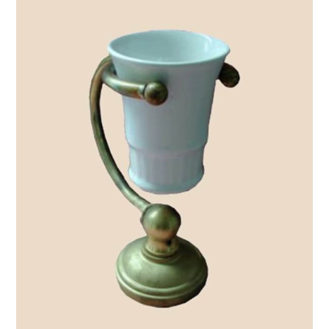 Herbeau ''Royale'' White China Tumbler and Free Standing Metal Holder in French Weathered Brass