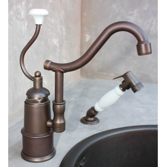 Herbeau ''De Dion'' Single Lever Mixer with Ceramic Disc Cartridge and Handspray in White Handles, Weathered Copper and Brass