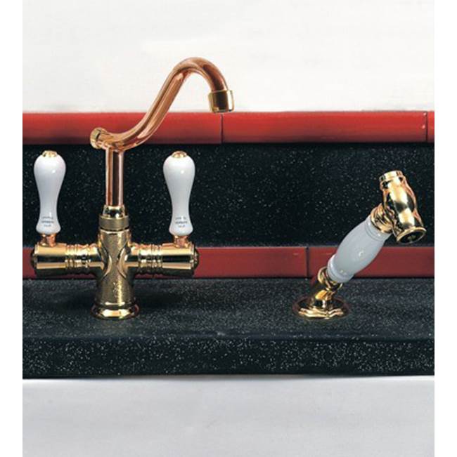 Herbeau ''Namur'' Single-Hole Kitchen / Bar / Lavatory Mixer with Handspray in White Handles, Antique Lacquered Brass