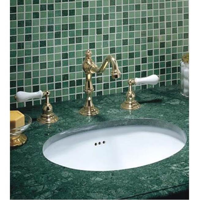 Herbeau ''Royale'' Widespread Lavatory Set with White Ceramic Handles in French Weathered Brass