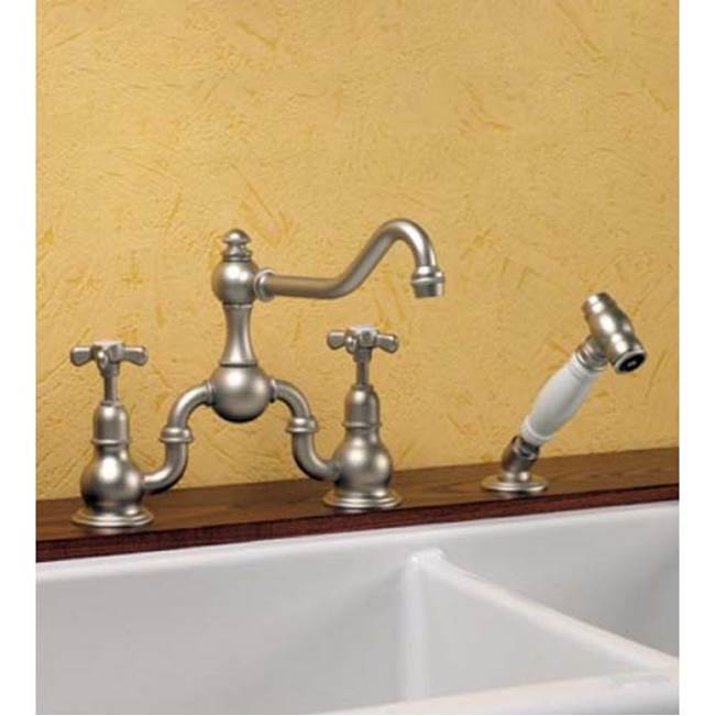 Herbeau ''Royale'' 2 Hole Kitchen Mixer with Handspray in White Handspray Handle, Antique Lacquered Brass