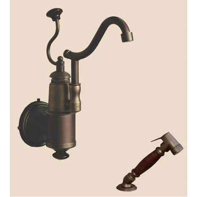 Herbeau ''De Dion''  Wall Mounted Single Lever Mixer with Ceramic Disc Cartridge and Deck Mounted Handspray in White Handles, Weathered Brass