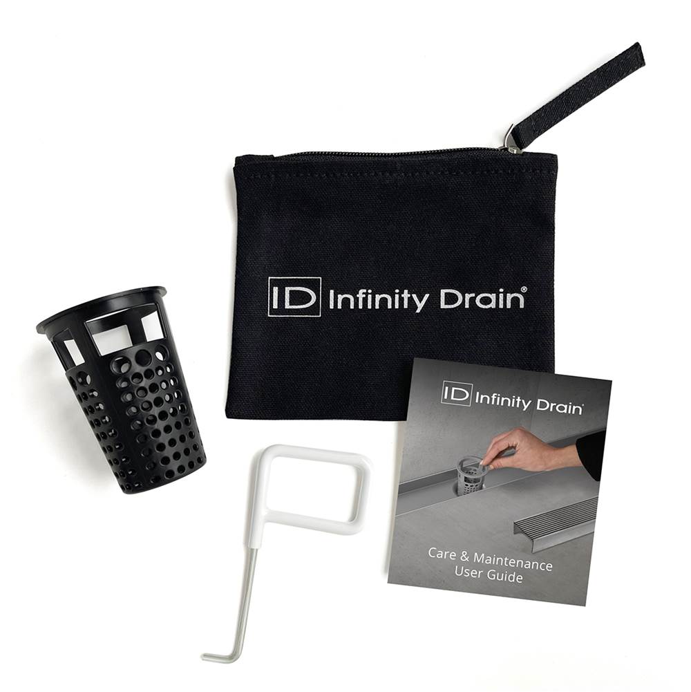 Infinity Drain Hair Maintenance Kit. Includes maintenance guide, DKEY Lift-out key, and HB 65B Hair Basket in black.