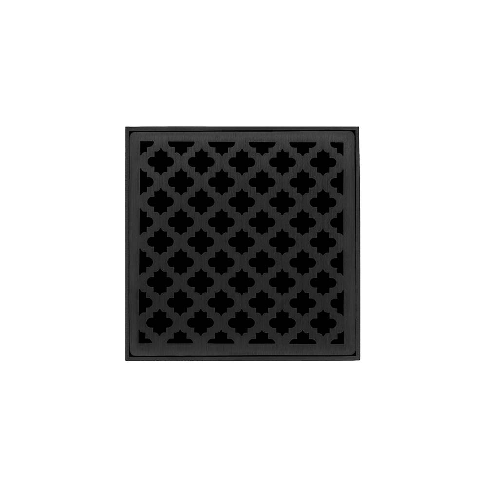 Infinity Drain 5'' x 5'' MDB 5 Complete Kit with Moor Pattern Decorative Plate in Matte Black with Stainless Steel Bonded Flange Drain Body, 2'' No Hub Outlet