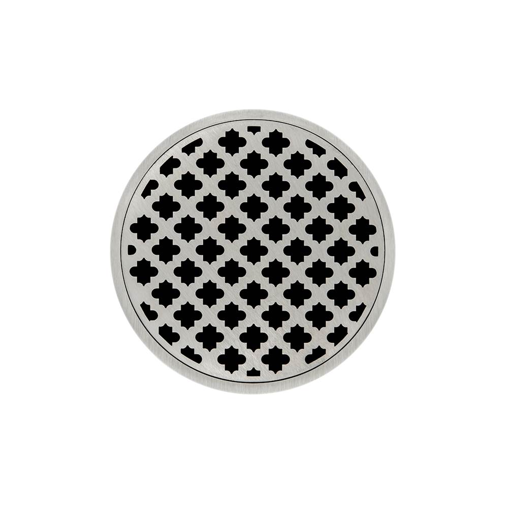 Infinity Drain 5'' Round RMD 5 Complete Kit with Moor Pattern Decorative Plate in Satin Stainless with PVC Drain Body, 2'' Outlet
