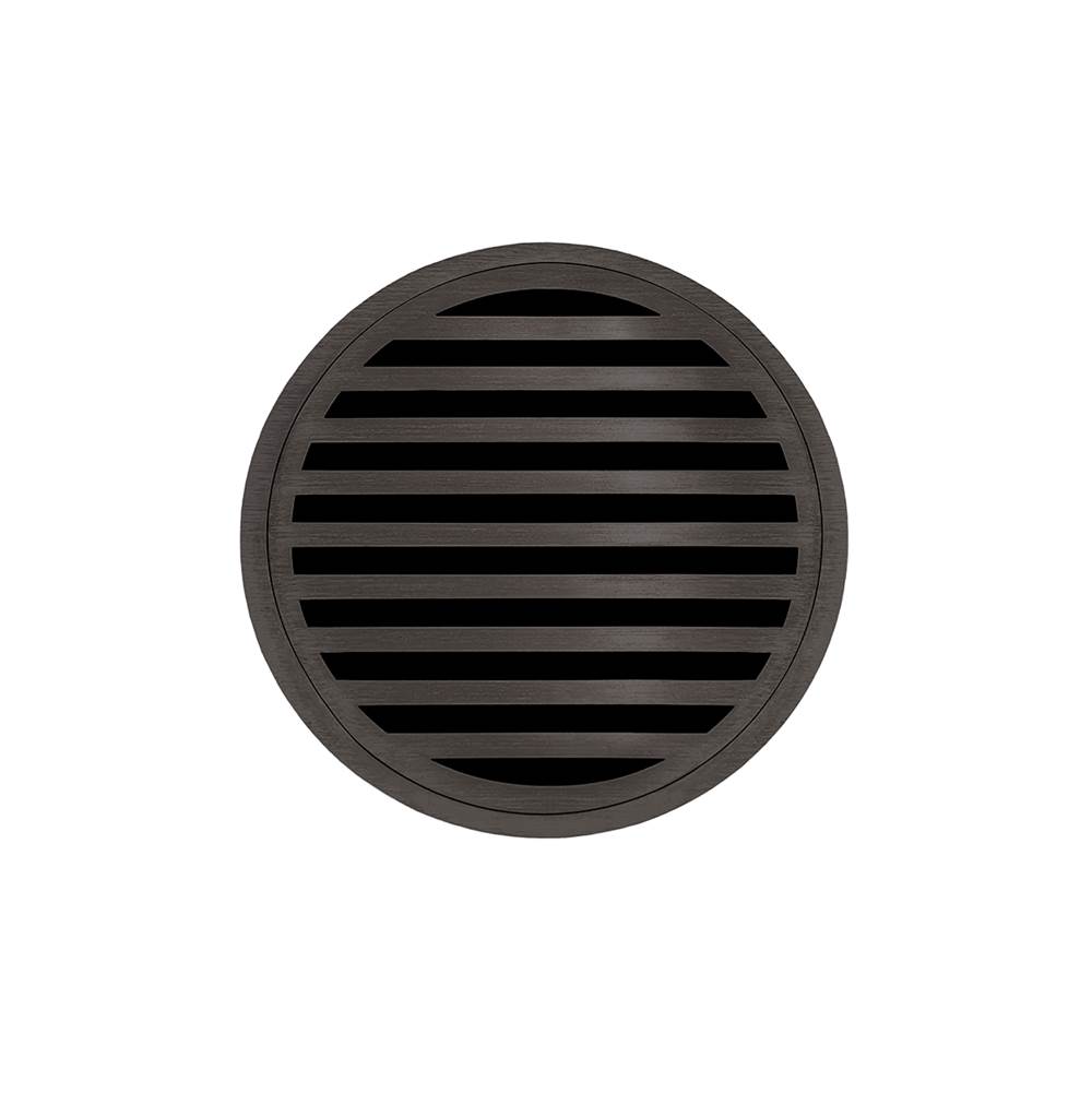 Infinity Drain 5'' Round RND 5 Complete Kit with Lines Pattern Decorative Plate in Oil Rubbed Bronze with PVC Drain Body, 2'' Outlet