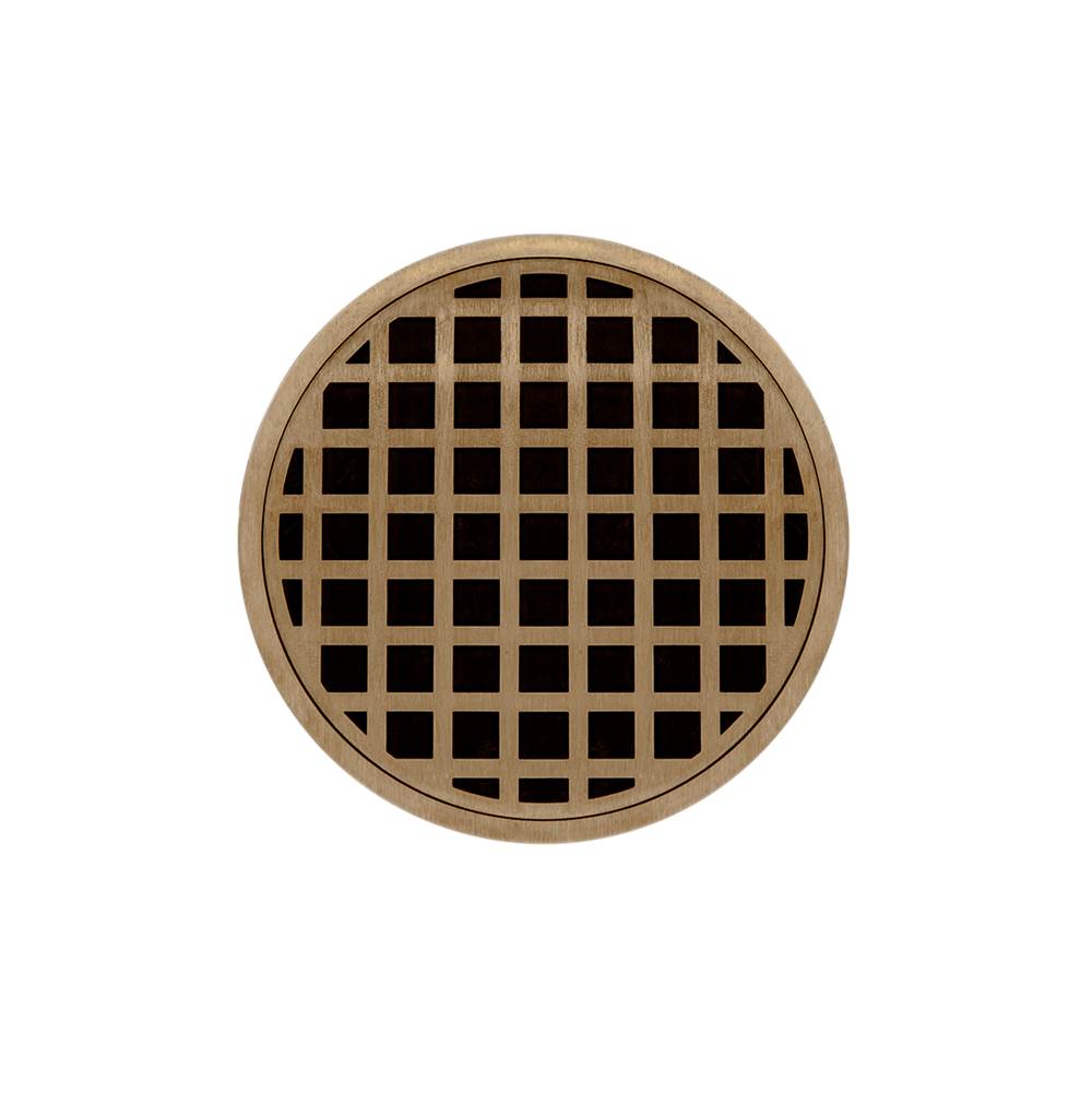 Infinity Drain 5'' Round RQD 5 Complete Kit with Squares Pattern Decorative Plate in Satin Bronze with Cast Iron Drain Body, 2'' Outlet