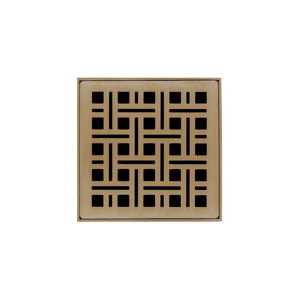 Infinity Drain 4'' x 4'' VDB 4 Complete Kit with Weave Pattern Decorative Plate in Satin Bronze with PVC Bonded Flange Drain Body, 2'', 3'' and 4'' Outlet