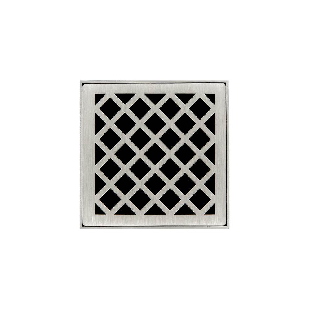 Infinity Drain 4'' x 4'' XD 4 Complete Kit with Criss-Cross Pattern Decorative Plate in Satin Stainless with Cast Iron Drain Body, 2'' Outlet