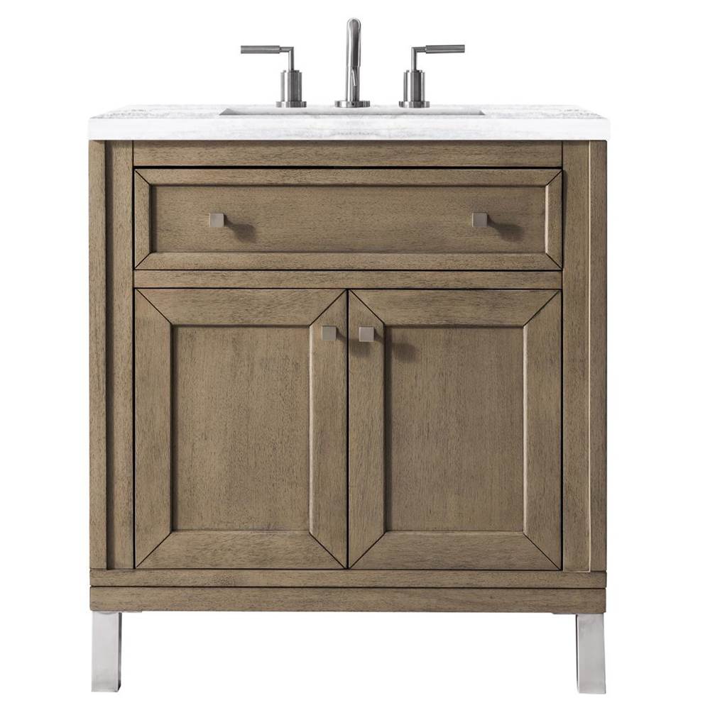 James Martin Vanities Chicago 30'' Single Vanity, Whitewashed Walnut w/ 3 CM Arctic Fall Solid Surface Top