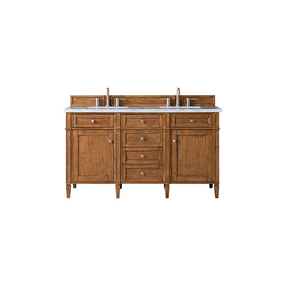 James Martin Vanities Brittany 60'' Saddle Brown Double Vanity w/ 3 CM Arctic Fall Solid Surface Top