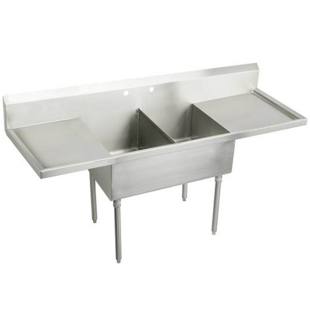 Just Manufacturing Stainless Steel 84'' x 27-1/2'' x 14'' Floor Mount Single 2-Hole Scullery Sink w/LandR Drainboards Coved Corners