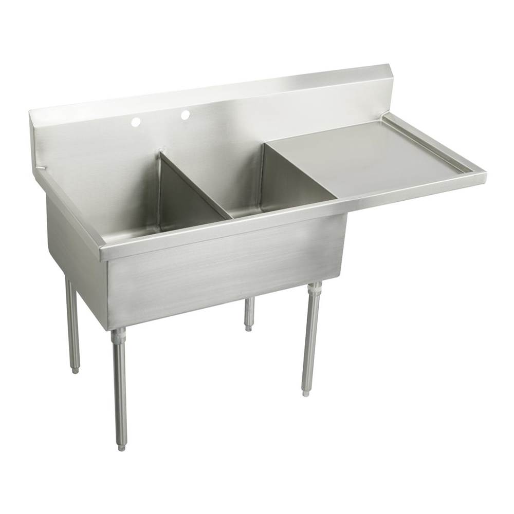 Just Manufacturing Stainless Steel 61-1/2'' x 27-1/2'' x 14'' Floor Mount Double Compartment 2-Hole Scullery Sink w/Right Drainboard