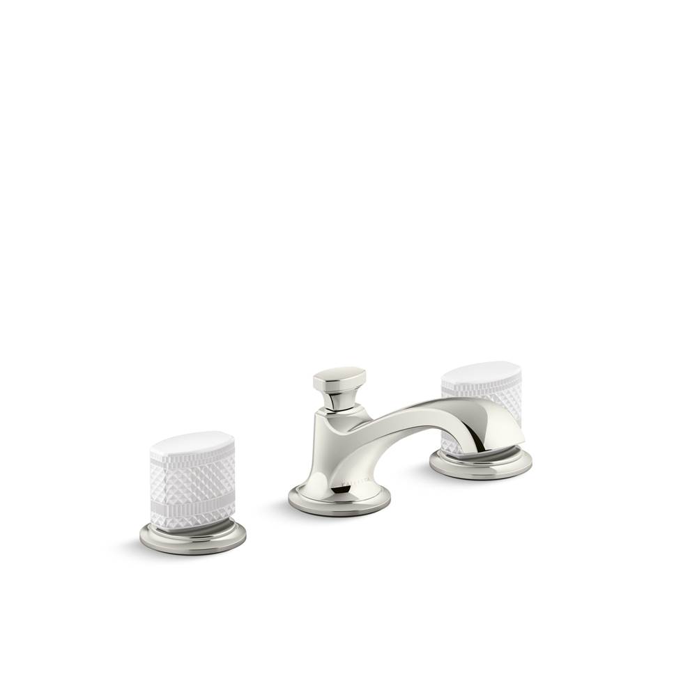 Kallista Script® Sink Faucet, Low Spout, White Porcelain Knob Handles