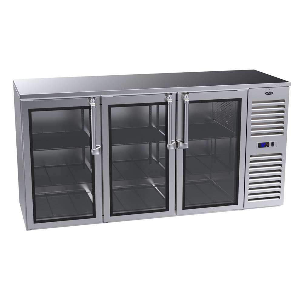 Krowne 72'' Self Contained Right Cab Narrow Door Backbar Cooler W/ 2 Right And 1 Left Ss Glass Door, Ss Top